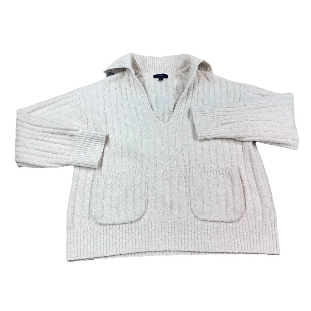 J. Crew Ribbed Boucle Collared Cotton-blend Beach Sweater Cream V-Neck Small